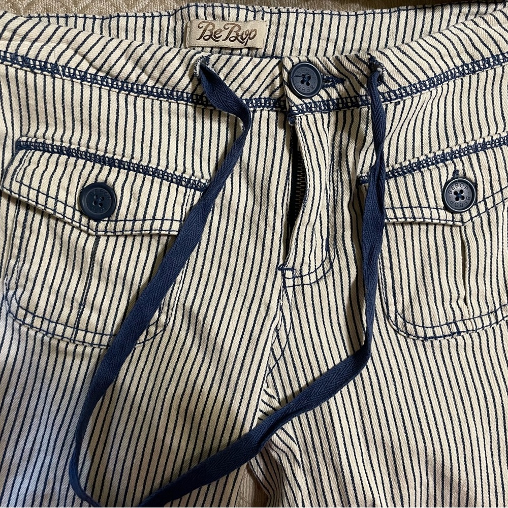 Jeans flare leg with blue and natural white ticking, railroad stripe size 3